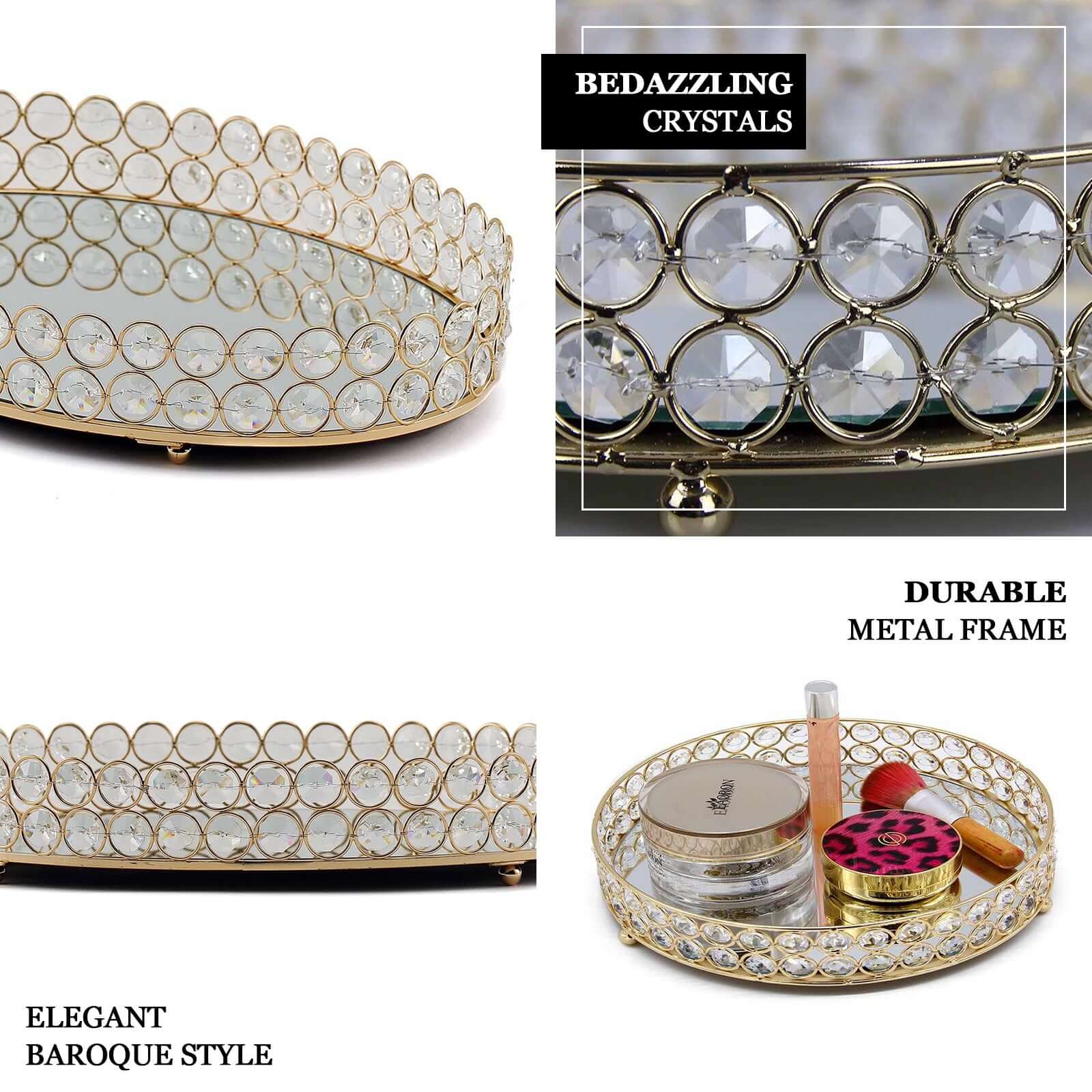 Gold Metal Crystal Beaded Mirror Oval Vanity Serving Tray, Decorative Tray - Medium 14"x10"