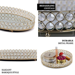 Gold Metal Crystal Beaded Mirror Oval Vanity Serving Tray, Decorative Tray - Medium 14"x10"