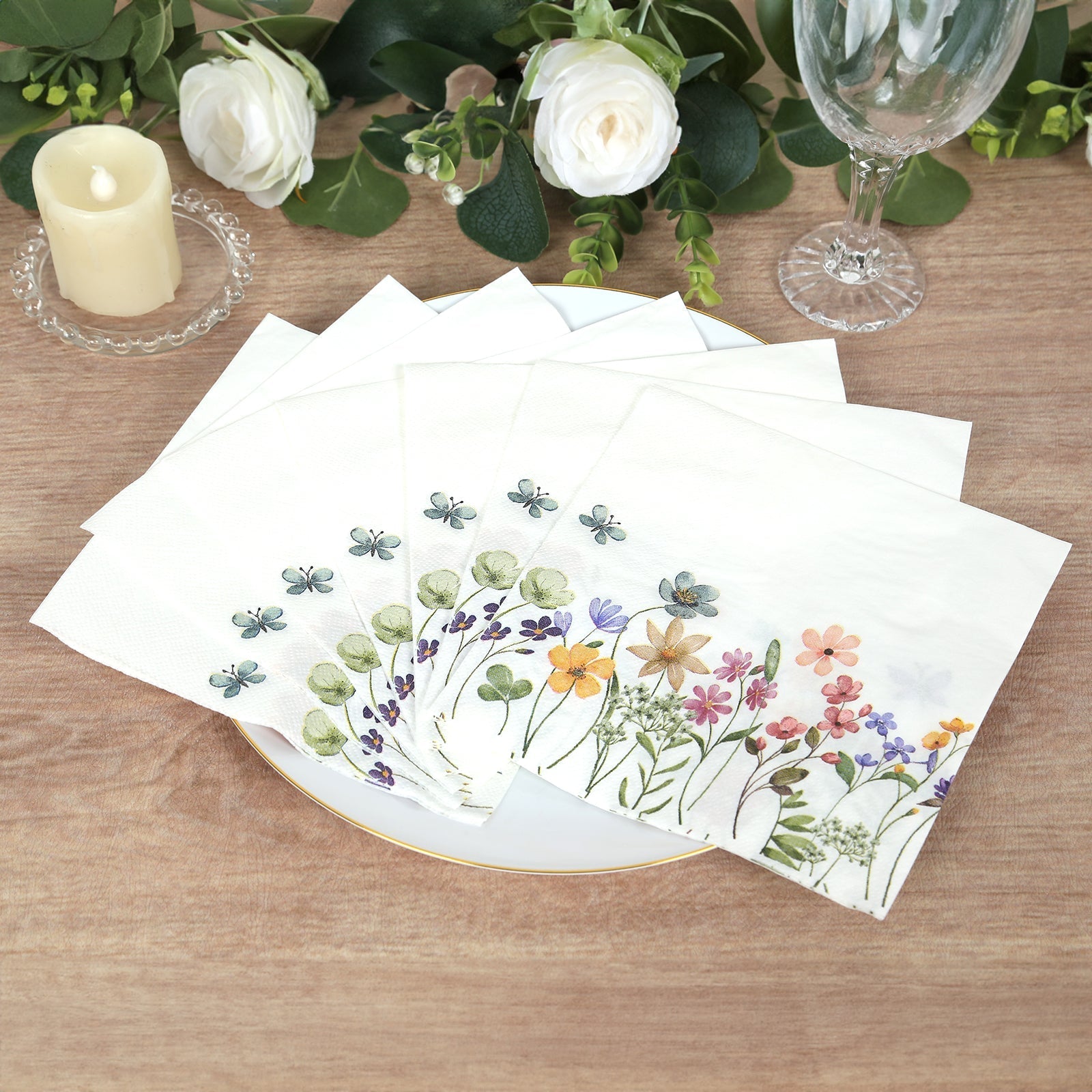 50-Pack Paper Cocktail Napkins with Wildflower Butterfly Design - Disposable 2 Ply Beverage Napkins for Parties 6.5"x6.5"