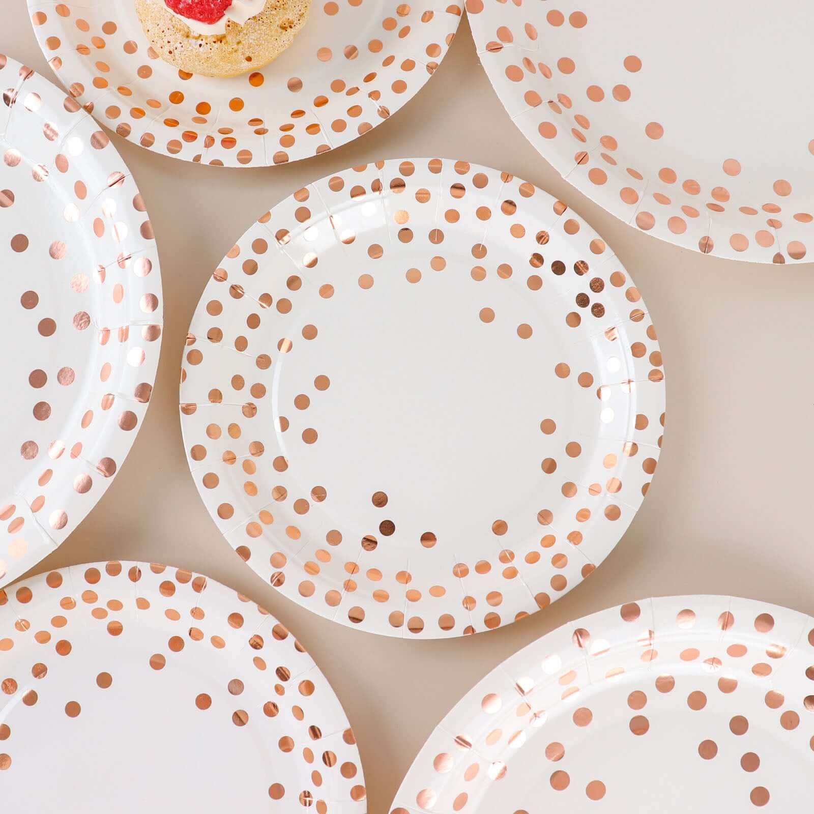 25 Pack 7" White Rose Gold Polka Dot Dessert Appetizer Paper Plates, Disposable Salad Party Plates - 300 GSM