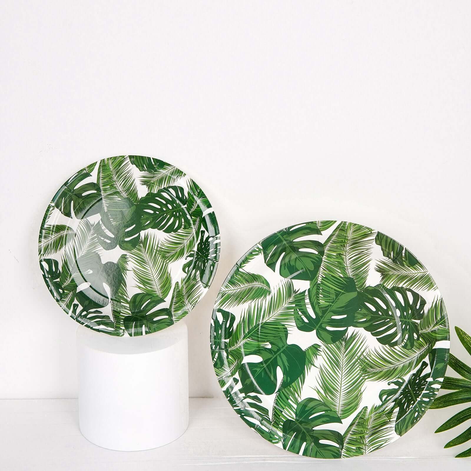 25-Pack Paper 9" Round Dinner Plates in White with Tropical Palm Leaf Design - Disposable 300GSM Party Plates for Luau & Summer Gatherings