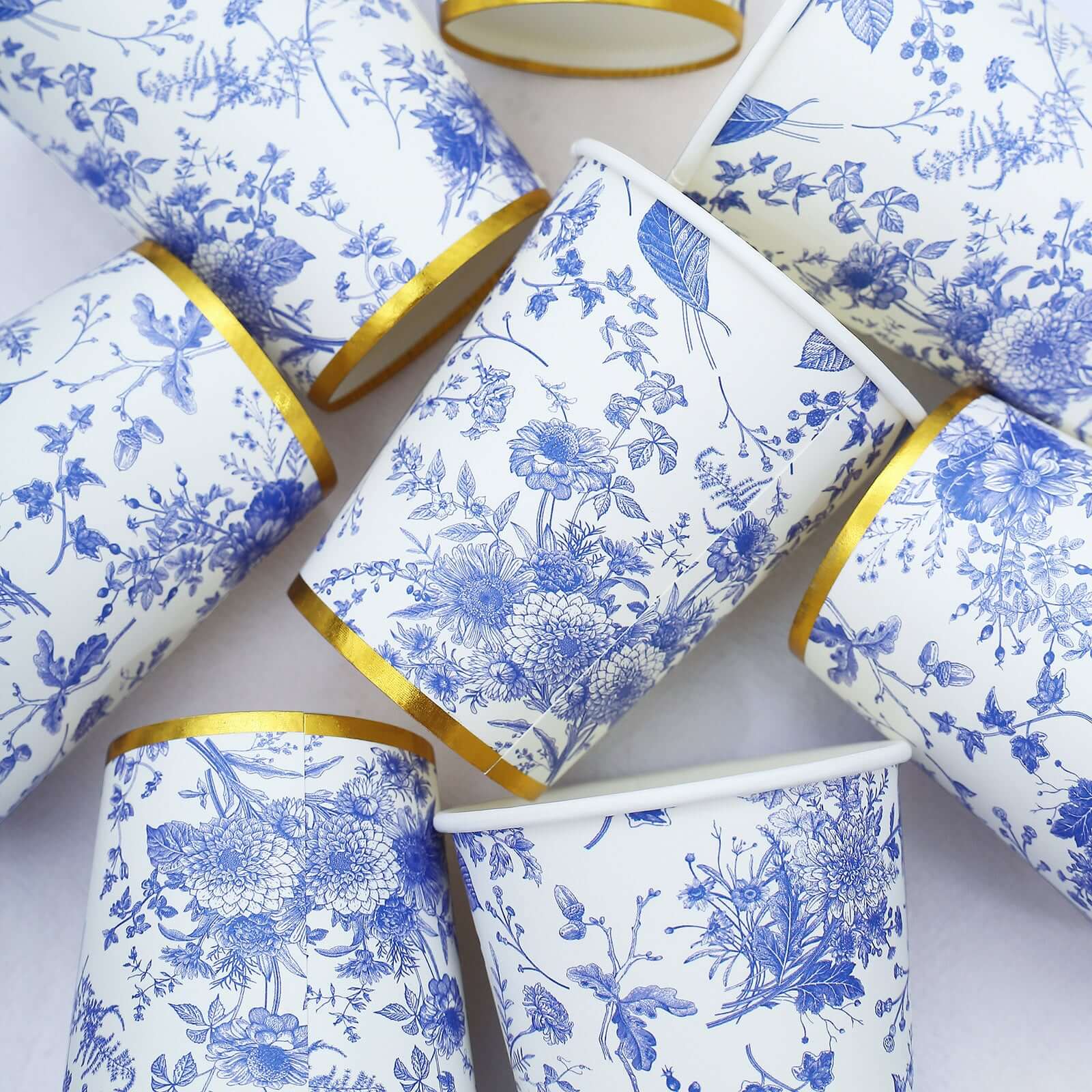 24 Pack Disposable Paper Cups in White Royal Blue French Toile Pattern with Gold Rim, Elegant Party Cups - 9oz