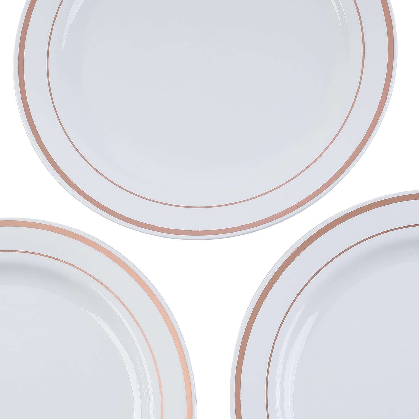10-Pack Plastic Dessert Plates White with Très Chic Rose Gold Rim - Disposable Plates for Parties 8"