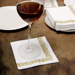 20 Pack Linen-Like Paper 5"x5" Napkins White with Gold Scroll Floral Design - Soft & Absorbent Airlaid Party Napkins