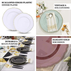 10-Pack Plastic Dinner Plates in White with Gold Scalloped Rim - Disposable Party Plates 9"