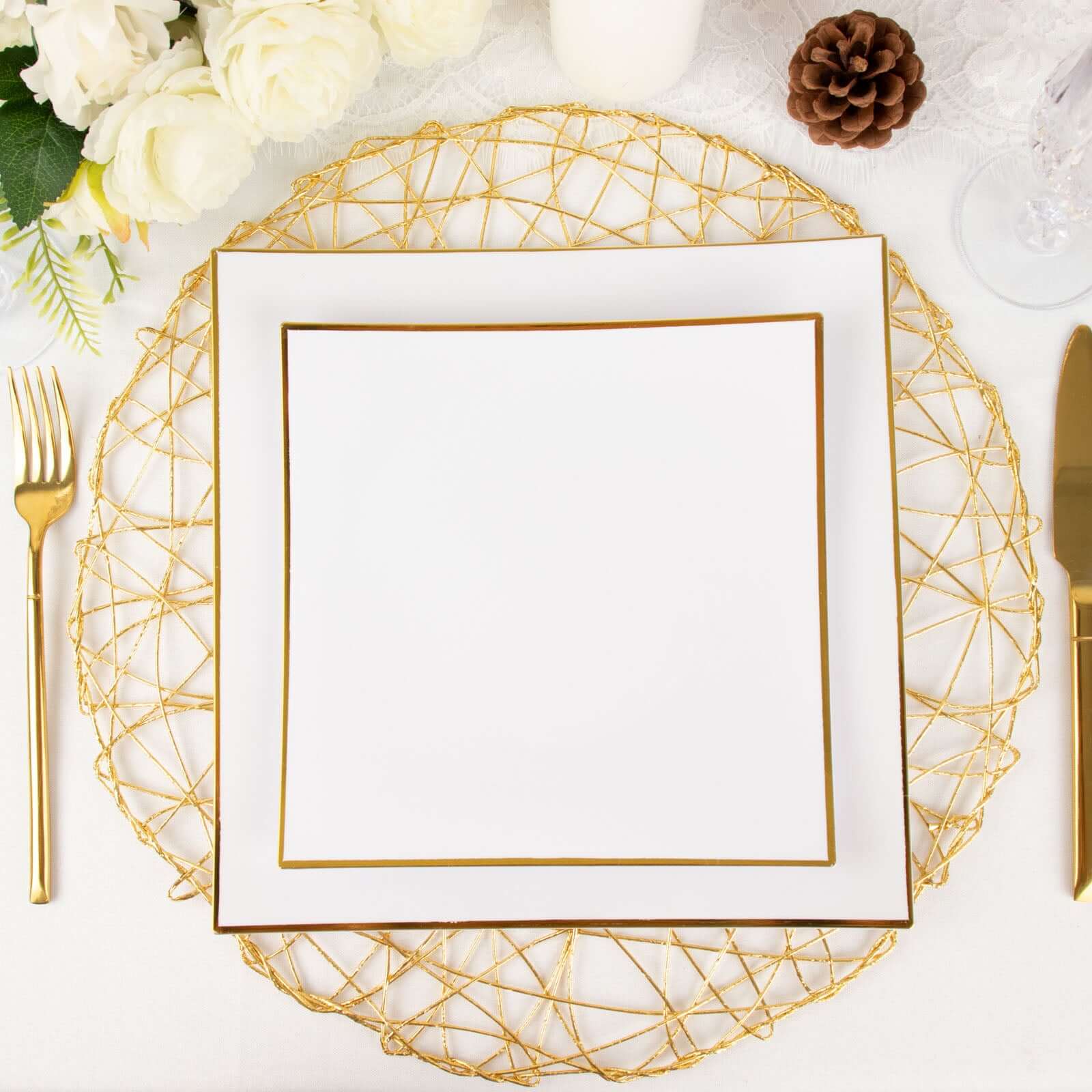 10-Pack Plastic 8" Square Dessert Plates in White Concave Style with Gold Rim - Modern Disposable Salad Appetizer Party Plates for Weddings & Special Events
