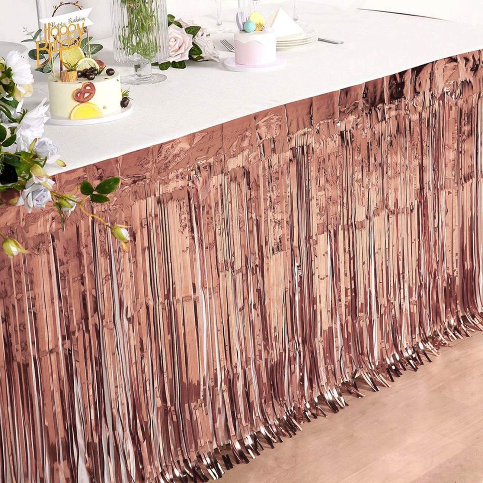 Metallic Foil Fringe Table Skirt Rose Gold with Self Adhesive Backing - Durable Tinsel Skirt for Parties 30"x9ft
