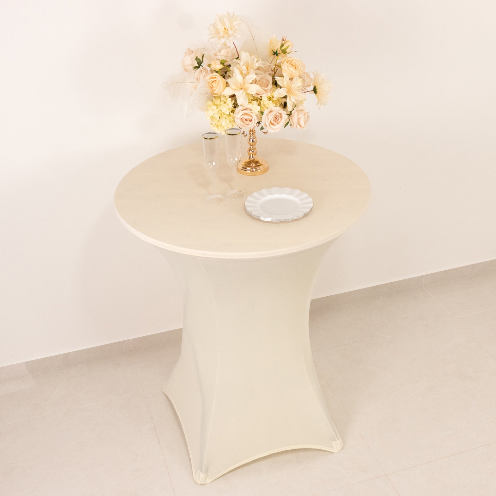 Spandex 33"-36" Round Cocktail Table Cover Ivory - Easy to Maintain Stretch Fitted Highboy Tablecloth