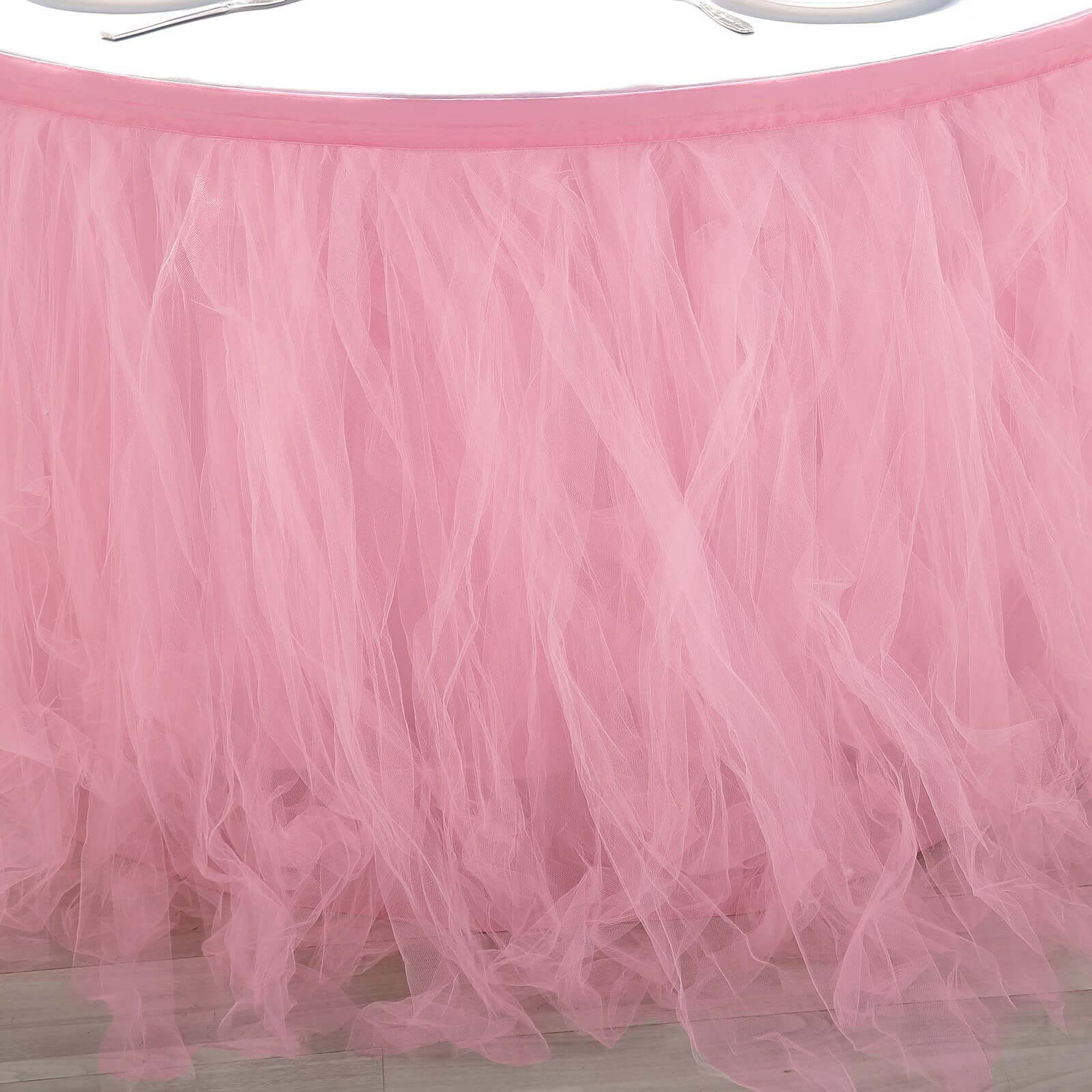 Tulle 17ft Table Skirt Pink/Rose Quartz - 4 Layer Pleated Tutu Table Cover