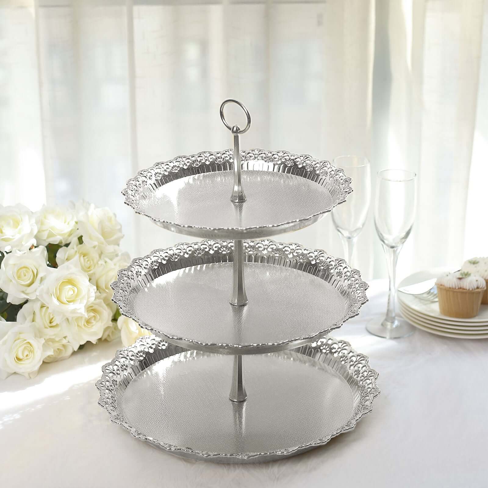 3-Tier Plastic Round Cupcake Stand 15" Metallic Silver with Lace Scalloped Edges - Multifunctional Space Saving Dessert Display Tower Pastry Serving Tray for Classy Events