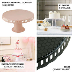 4-Pack Plastic Round Pedestal Cake Stands Black - Reusable Cupcake Pastry Display Risers with Hollow Ribbon Trim Edges for Stylish Dessert Presentation 13"