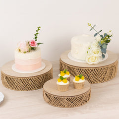 Set of 3 Pedestal Cake Stands Jute Rattan with Wooden Top Plates Natural - Stackable Round Rustic Farmhouse Design 10", 12", 14"
