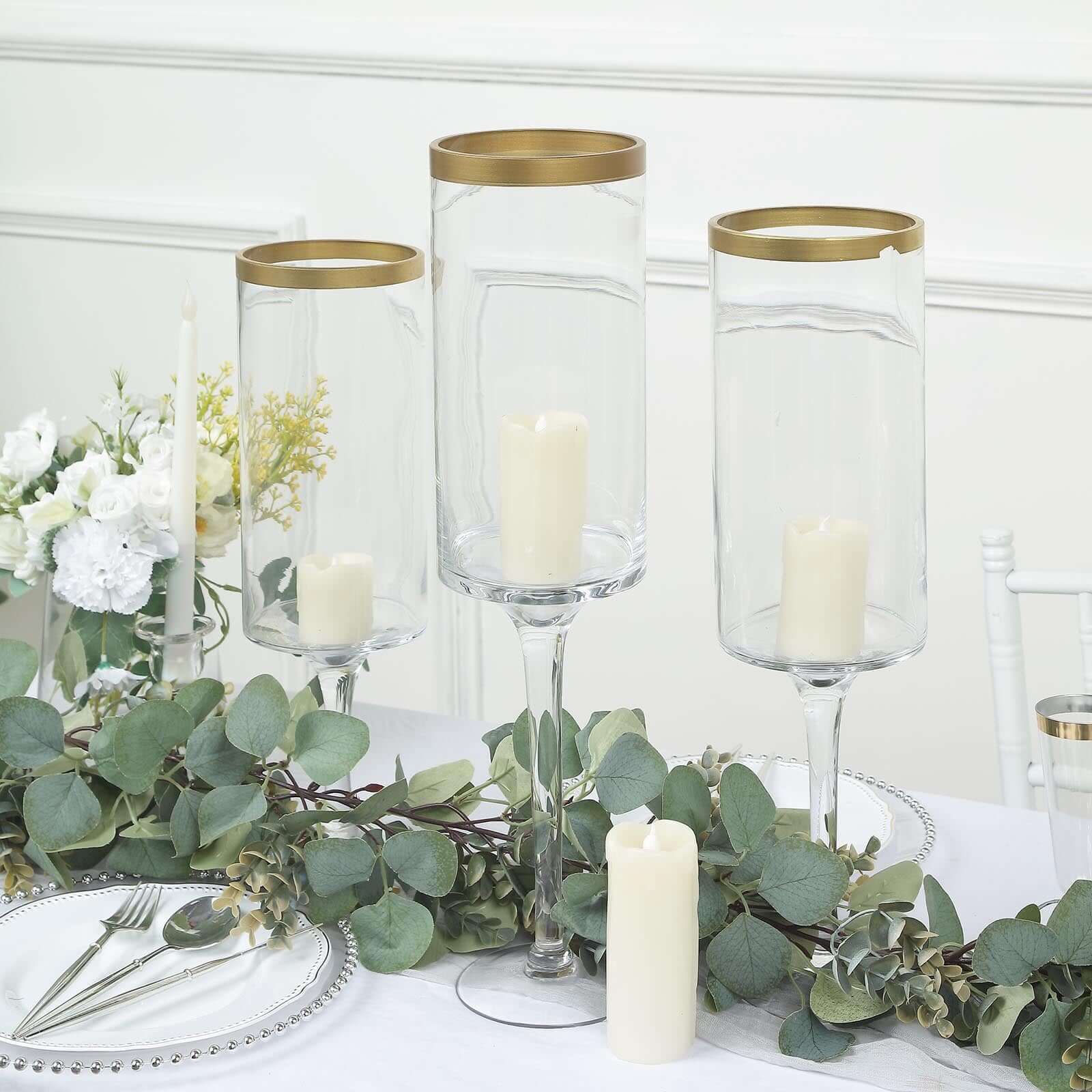 Set of 3 Glass Hurricane Candle Holders Long Stem Clear with Gold Rim - Decorative Pedestal Floral Centerpieces 16", 18", 20"