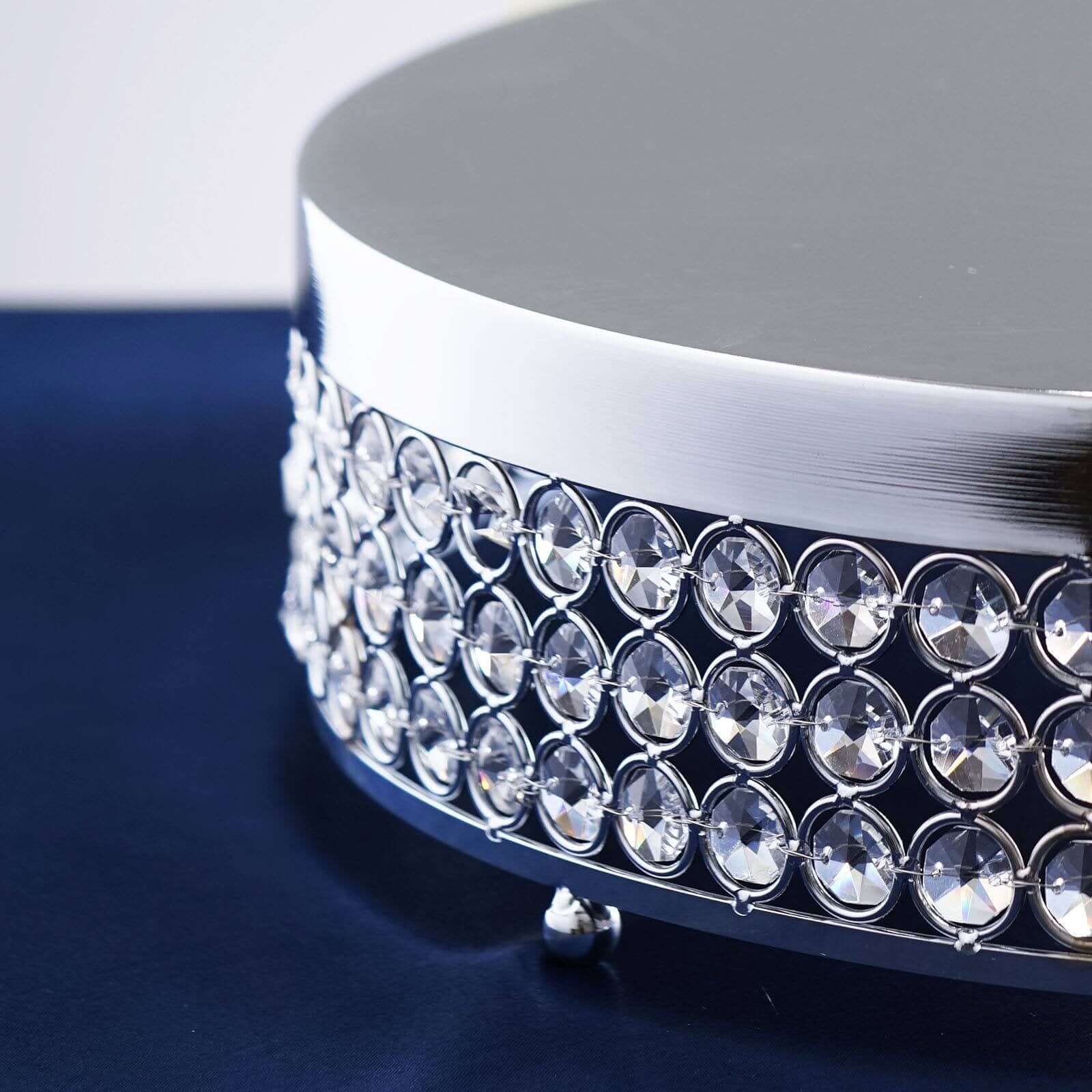 Metal Cake Stand Pedestal Crystal Beaded Design Silver - Cupcake Display and Dessert Riser 13"
