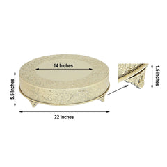 Metal 22" Round Cake Pedestal Stand Matte Gold - Cupcake Dessert Display Riser with Intricate Embossed Design for Upscale Events & Gatherings