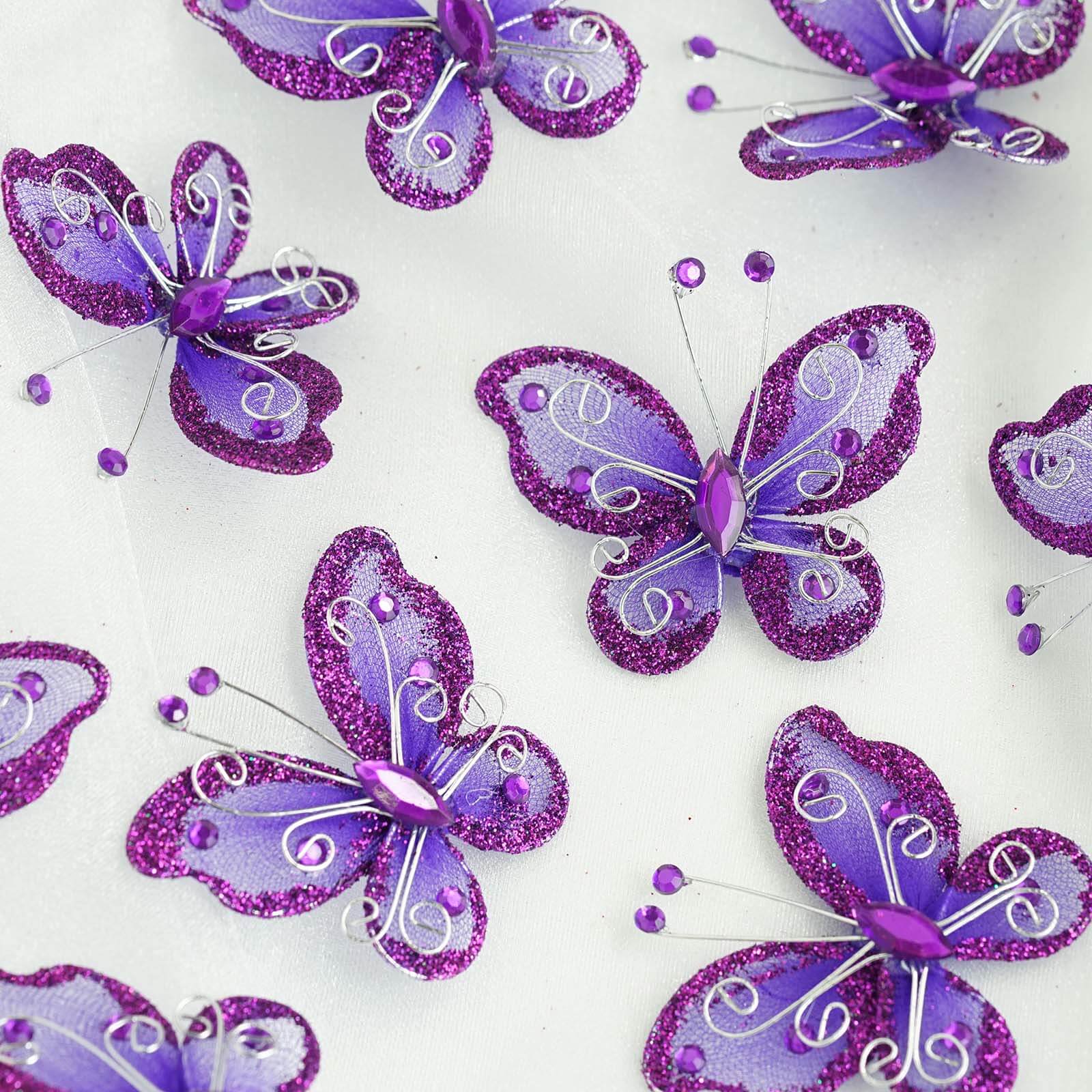 12 Pack 2" Purple Diamond Studded Wired Organza Butterflies