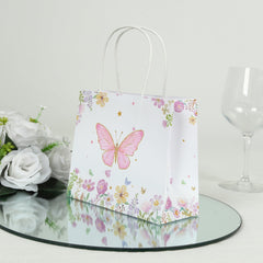12 Pack Pink Glitter Butterfly Paper Favor Bags with Handles, Floral Print White Goodie Gift Bags - 6"x7"