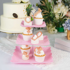 3-Tier Plastic Square Cupcake Stand Tower Pink - Charming Easy to Assemble Dessert Display Serving Tray Platter with Floral Embossed Scalloped Rim & Silver Handle for Tea Parties Weddings & Special Occasions 13"
