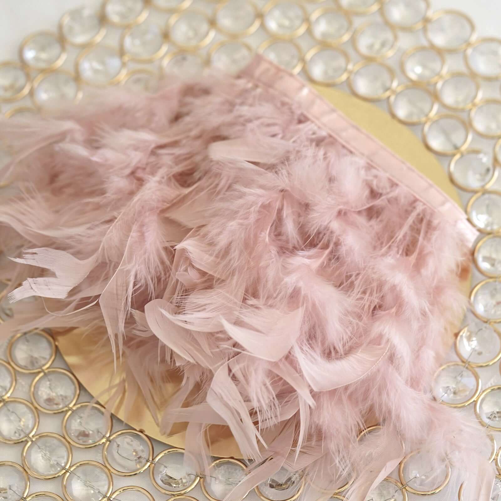 39" Dusty Rose Real Turkey Feather Fringe Trim With Satin Ribbon Tape