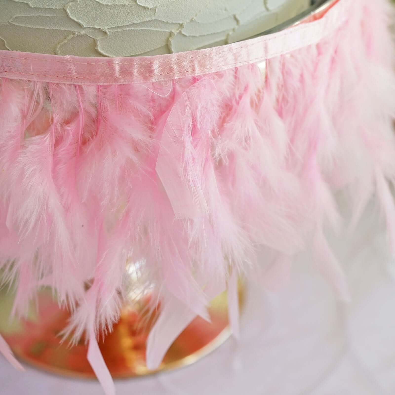 39" Pink Real Turkey Feather Fringe Trim With Satin Ribbon Tape