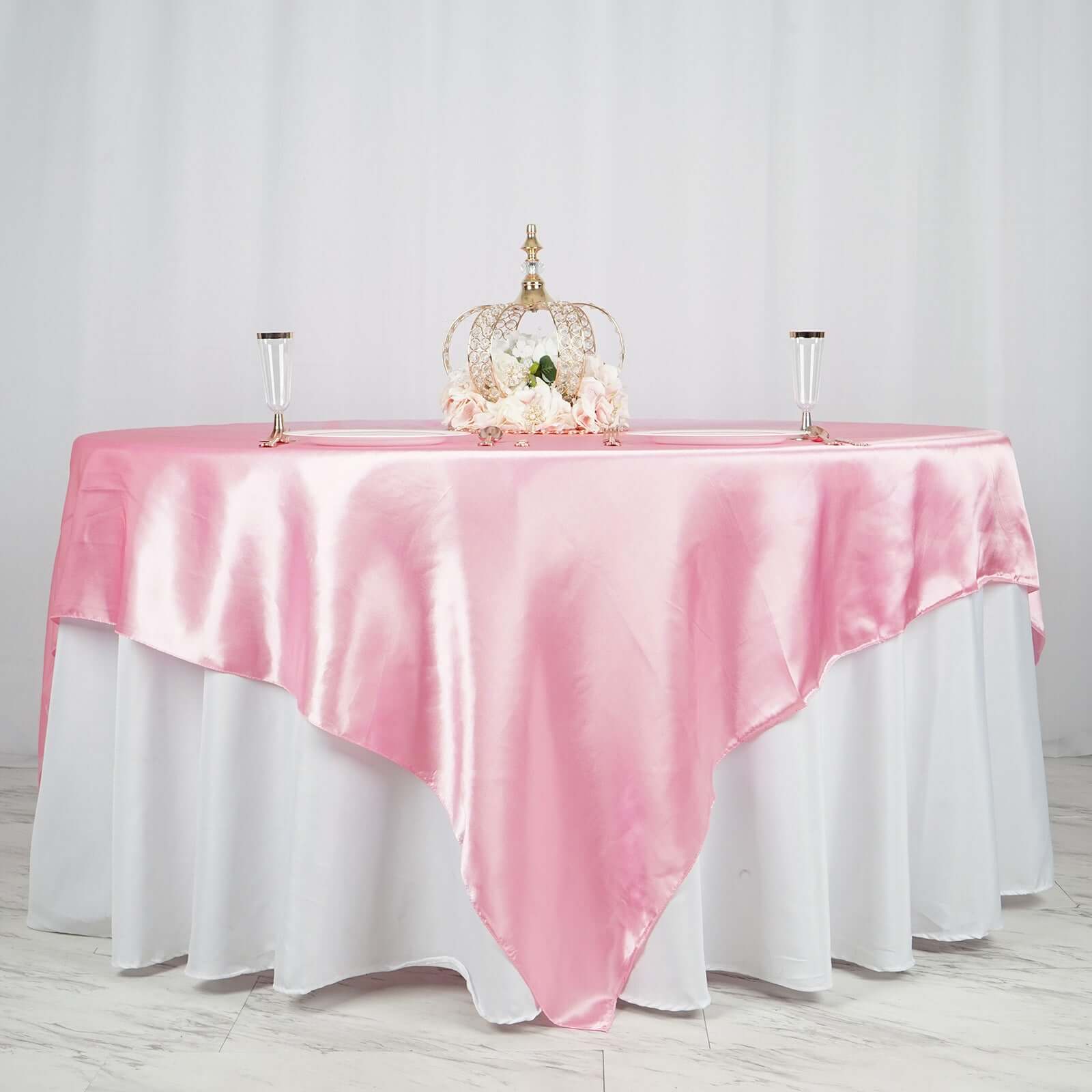 Satin 90"x90" Table Overlay Square Tablecloth Pink - Smooth Finish Table Topper