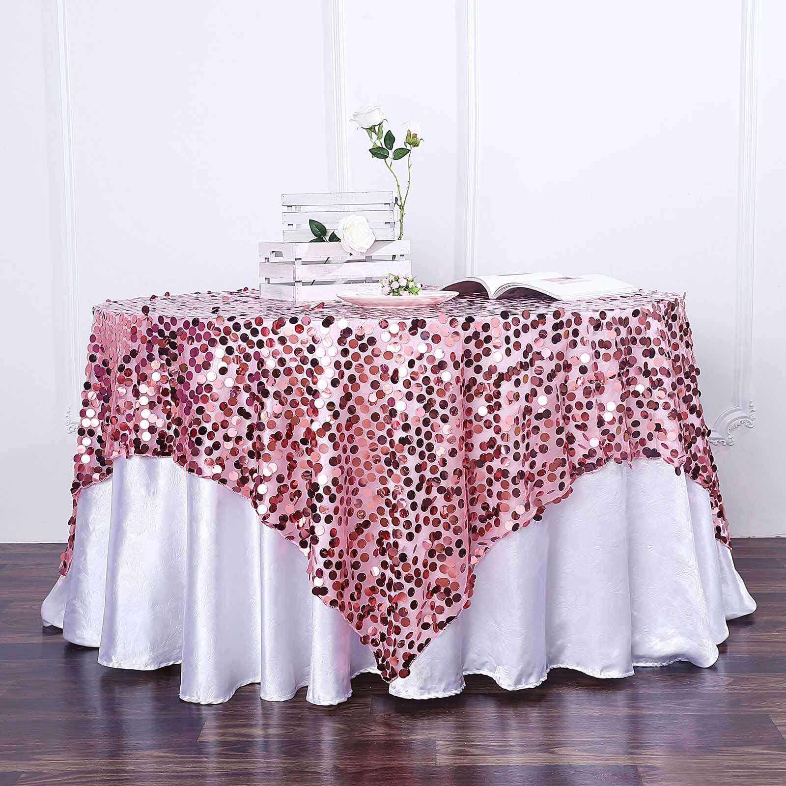 72"x72" Pink Big Payette Sequin Square Table Overlay