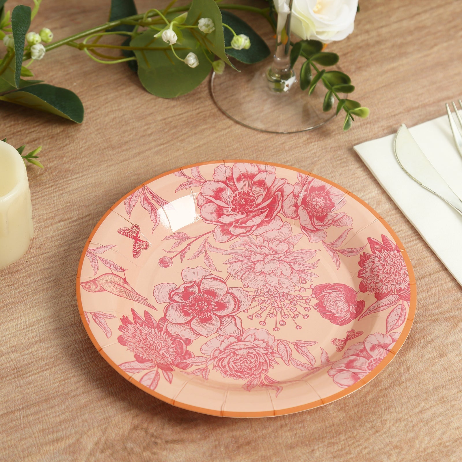 50-Pack Paper Round Dessert and Dinner Plates in Dusty Rose Spring Floral Print with Gold Rim - Heavy Duty Disposable Party Plates Set for Classy Table Decor 7", 9"