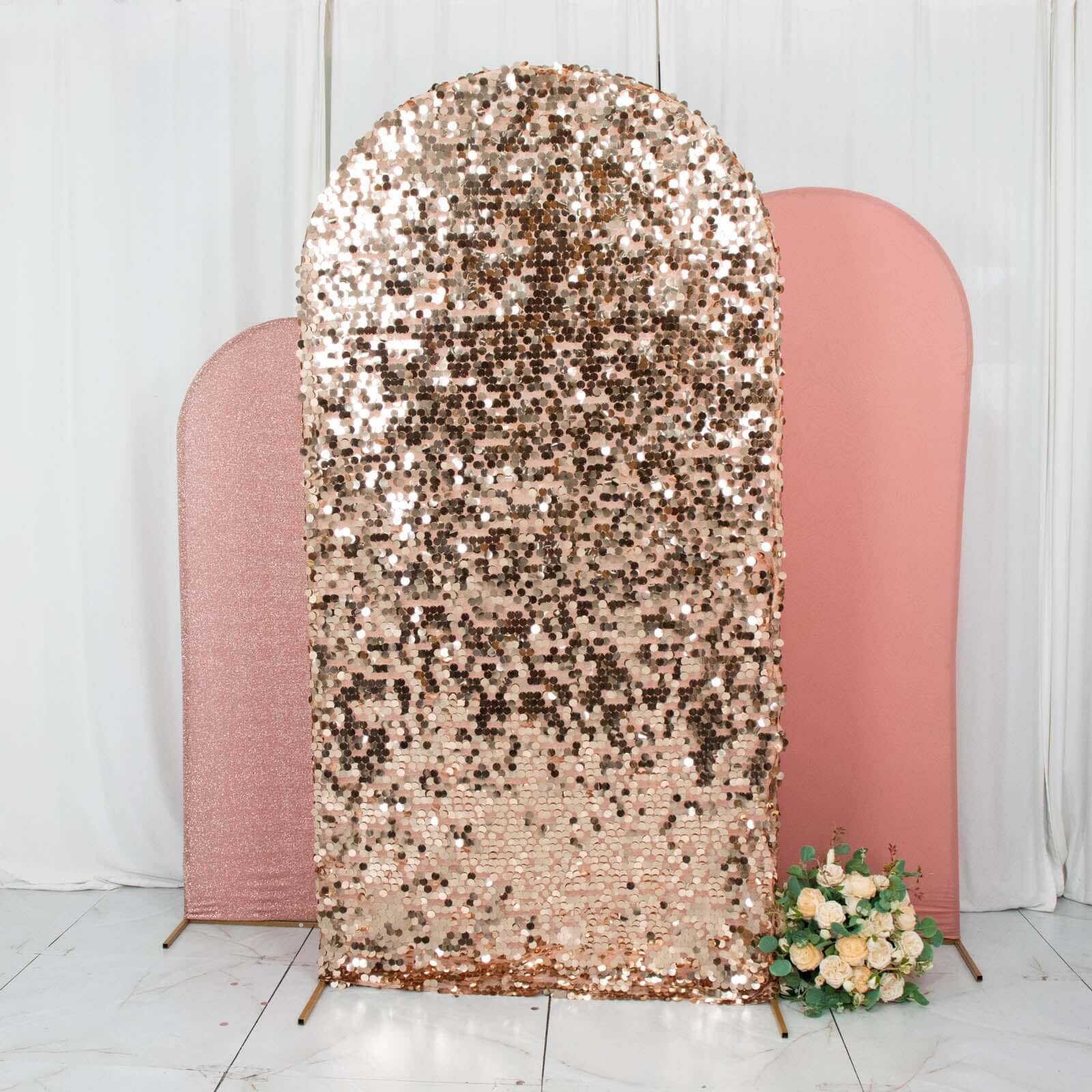 Set of 3 Rose Gold Round Top Fitted Wedding Arch Frame Covers, Big Payette Sequin, Shimmer Tinsel and Matte Spandex Backdrop Stand Covers