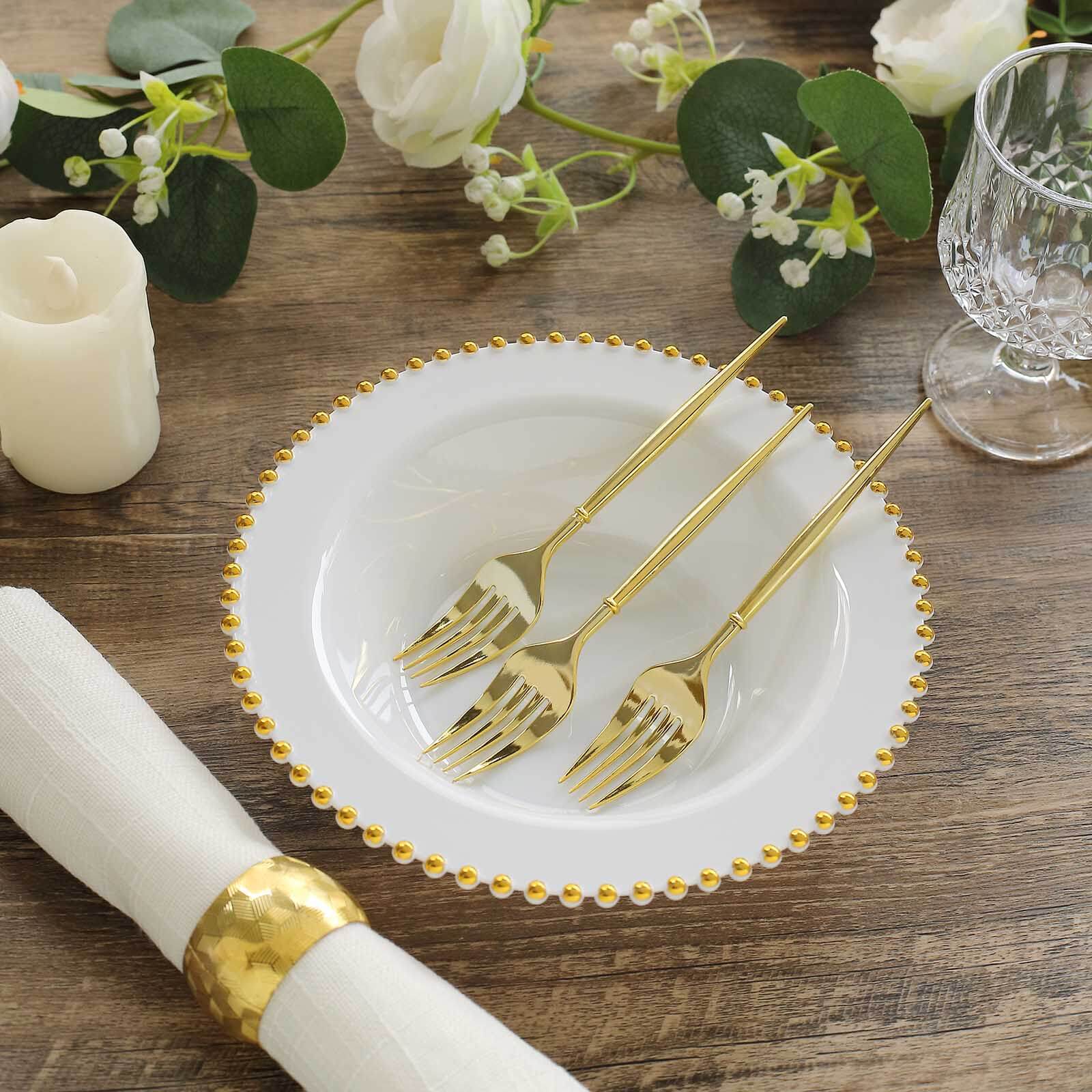 10-Pack Plastic Dessert Salad Bowls White Round Design with Gold Beaded Rim - Disposable Soup Bowls 12oz