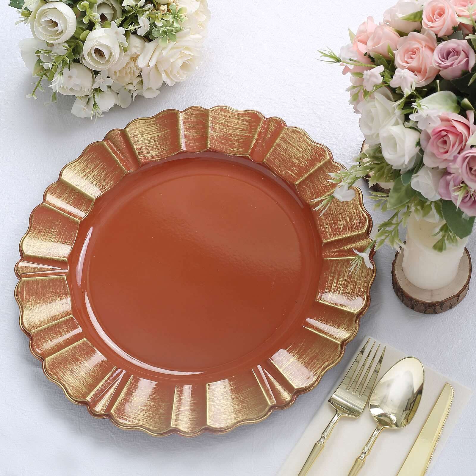 6-Pack Acrylic Plastic Round Charger Plates 13" in Terracotta (Rust) with Gold Brushed Wavy Scalloped Rim, Decorative Dinner Party Charger Tableware