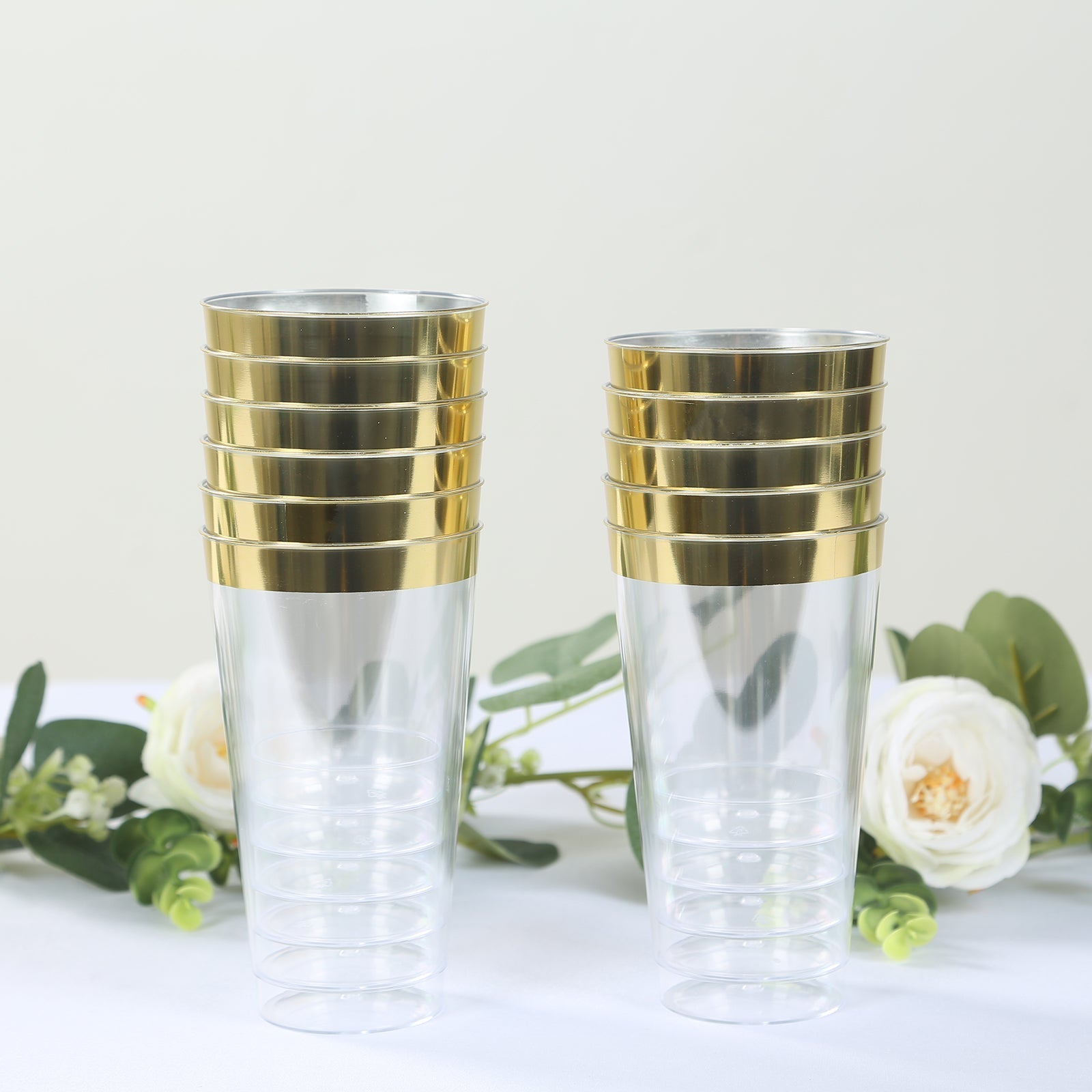 12-Pack Plastic Party Cups Clear with Gold Rim - Durable Disposable Tumblers for Drinks 17oz 5.5"