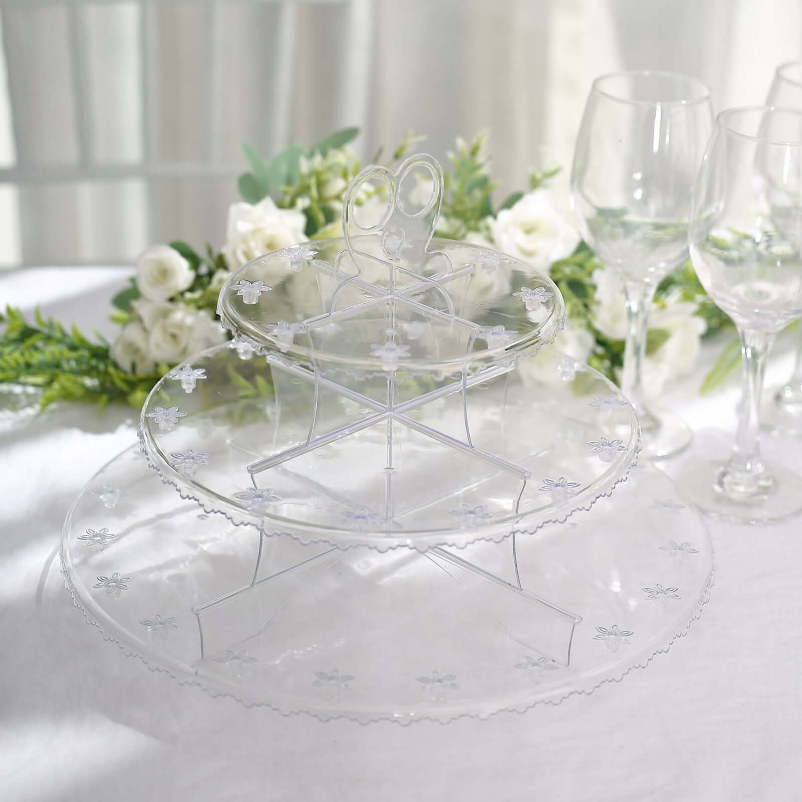 3-Tier Plastic Cucpake & Cake Pop Stand Clear - Decorative Reusable Lollipop Holder Dessert Tower with Floral Edges for Birthday Baby Shower & Tea Parties 12"