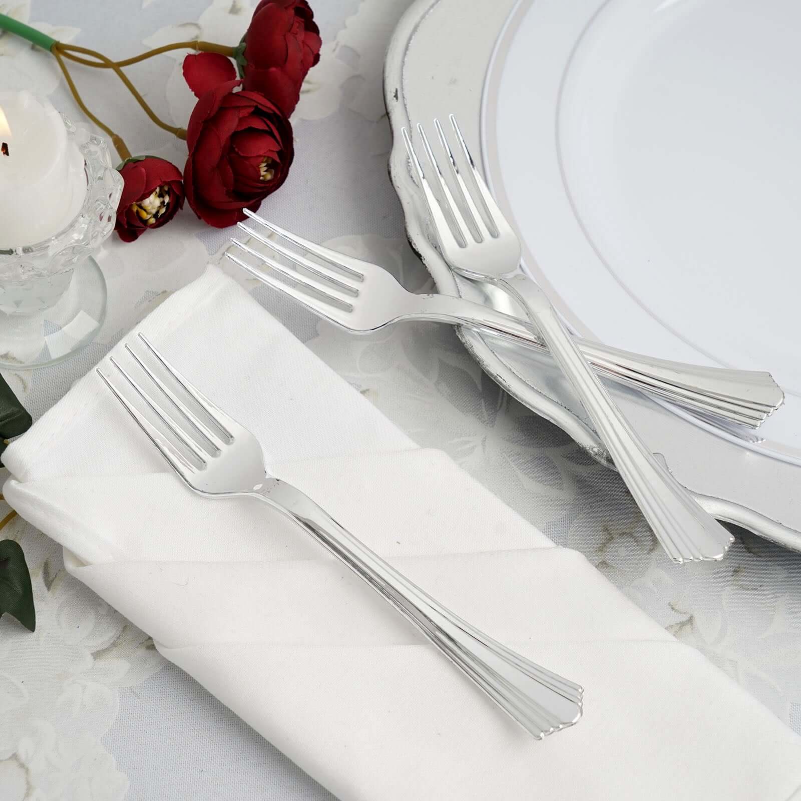 25-Pack Plastic Forks Silver Heavy Duty with Fluted Handles - Durable Disposable Tableware 7"