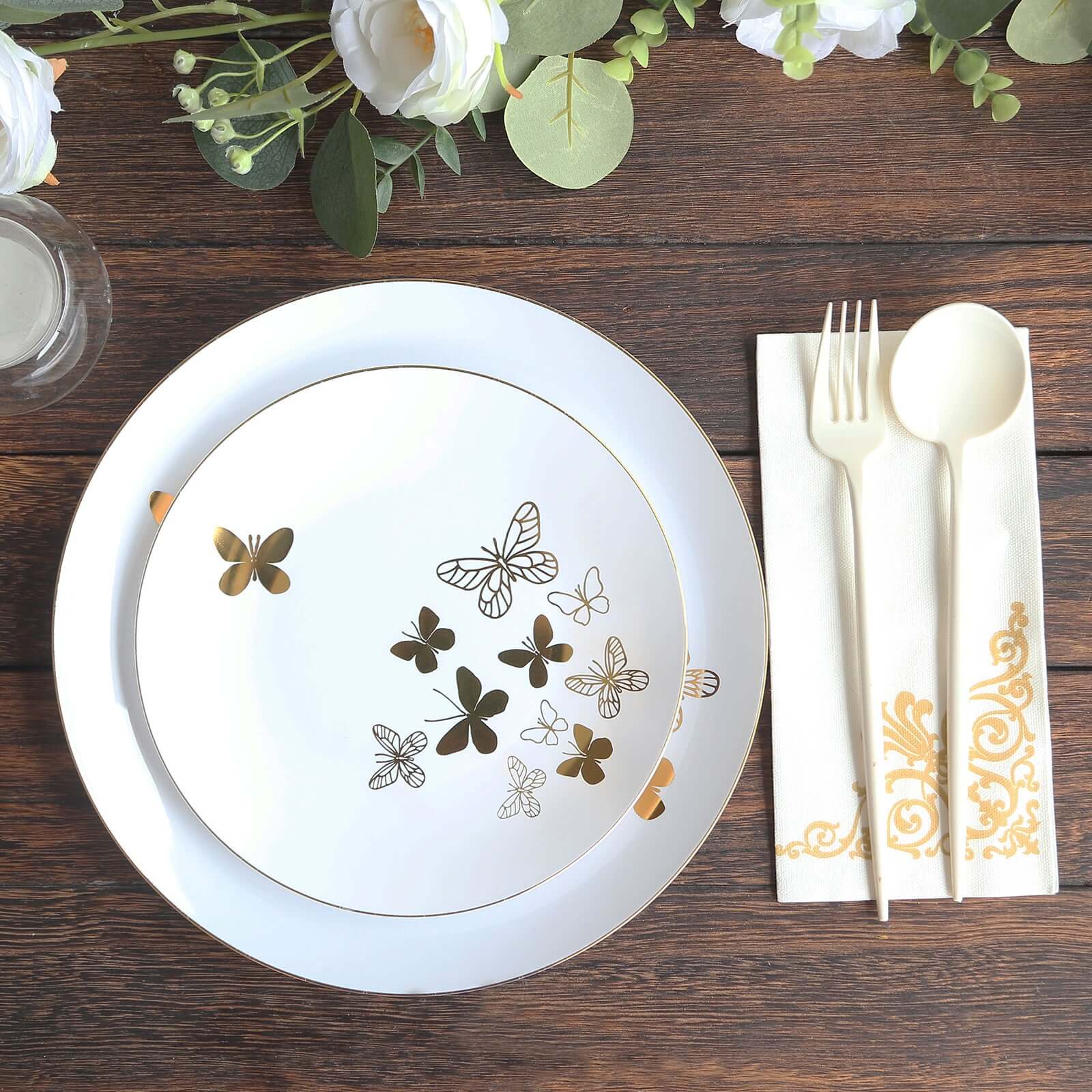 Set of 20 Plastic Round Dinner and Salad Plates in White with Gold Butterfly Design & Gold Rim - Stylish Disposable Dinnerware for Buffets & Catered Events 8", 10"