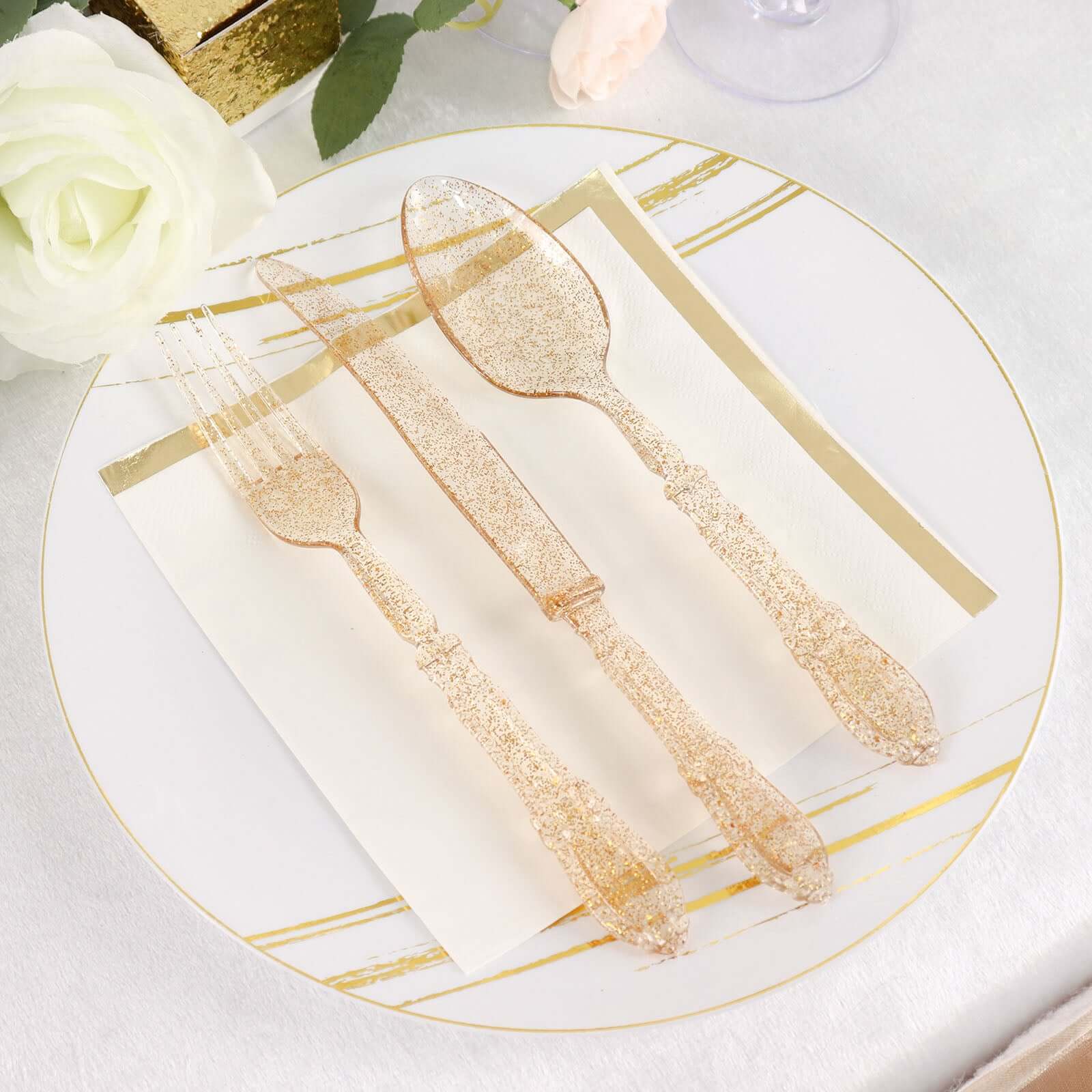 24-Pack Plastic Utensil Set Clear with Gold Glitter - Heavy Duty Disposable Silverware for Events