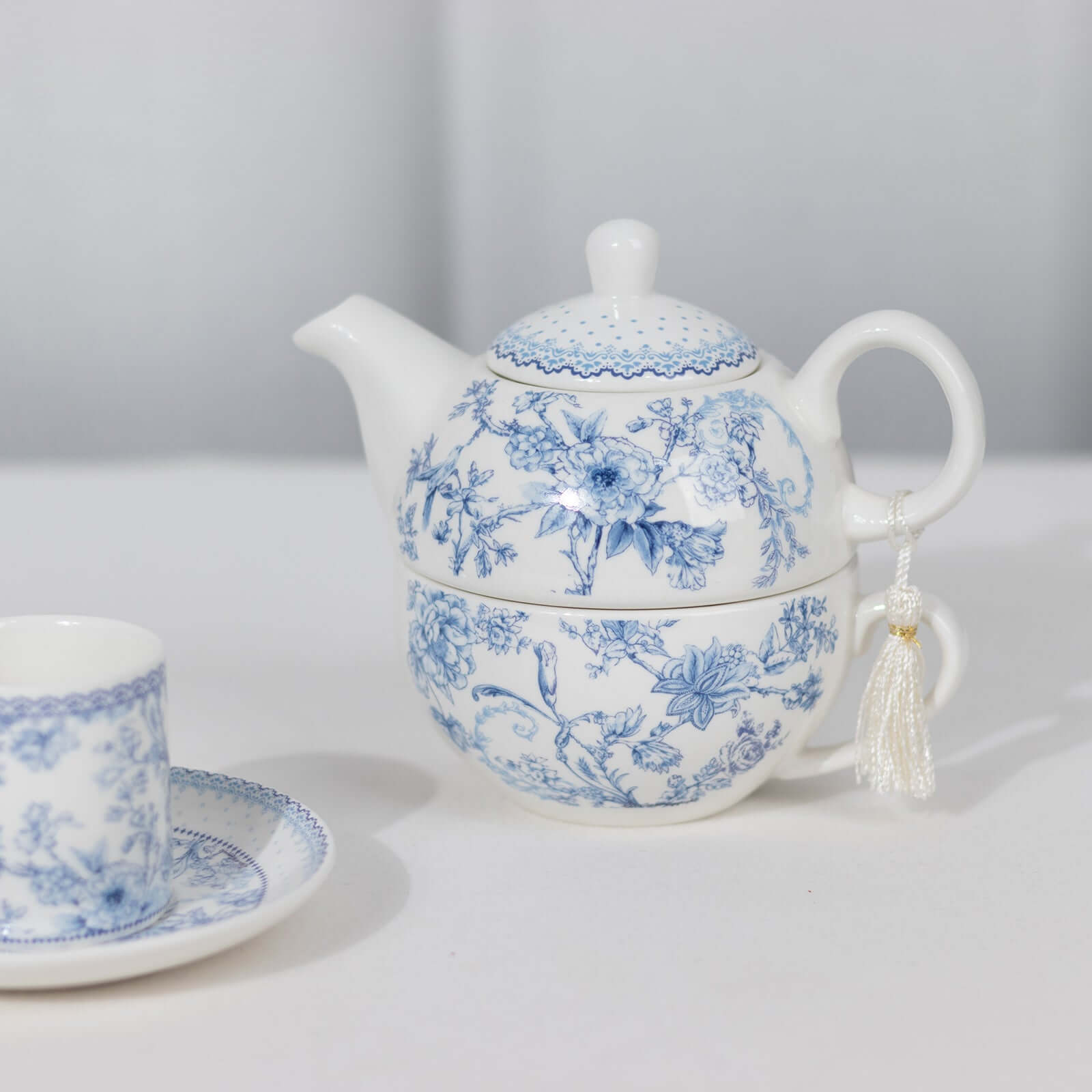 White Blue French Toile Bridal Shower Gift Set, Porcelain Teapot and Cup Set with Matching Keepsake Gift Box