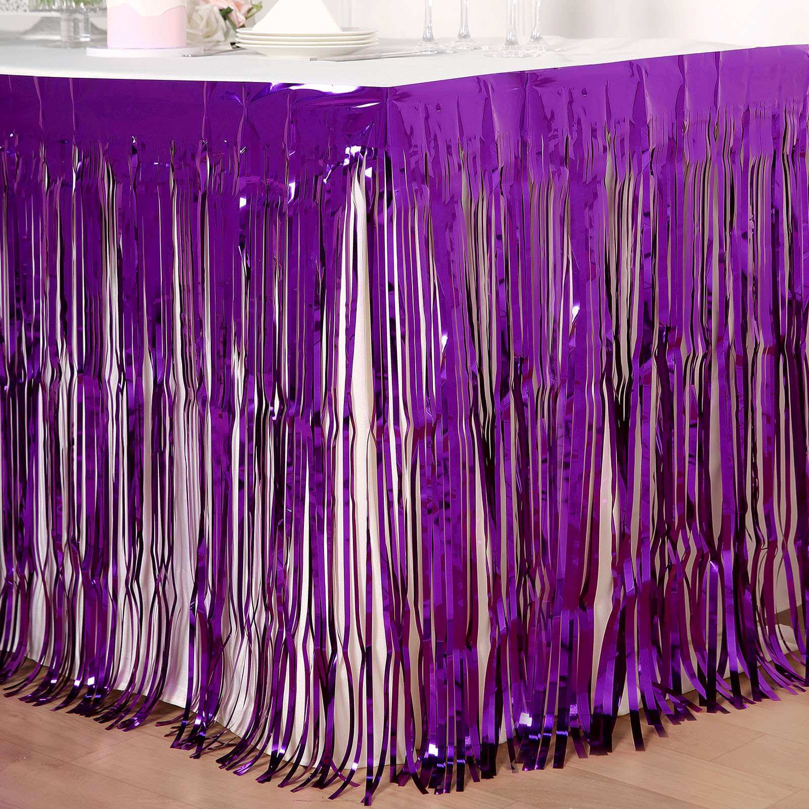 30"x9ft Purple Metallic Foil Fringe Table Skirt, Self Adhesive Tinsel Table Skirt