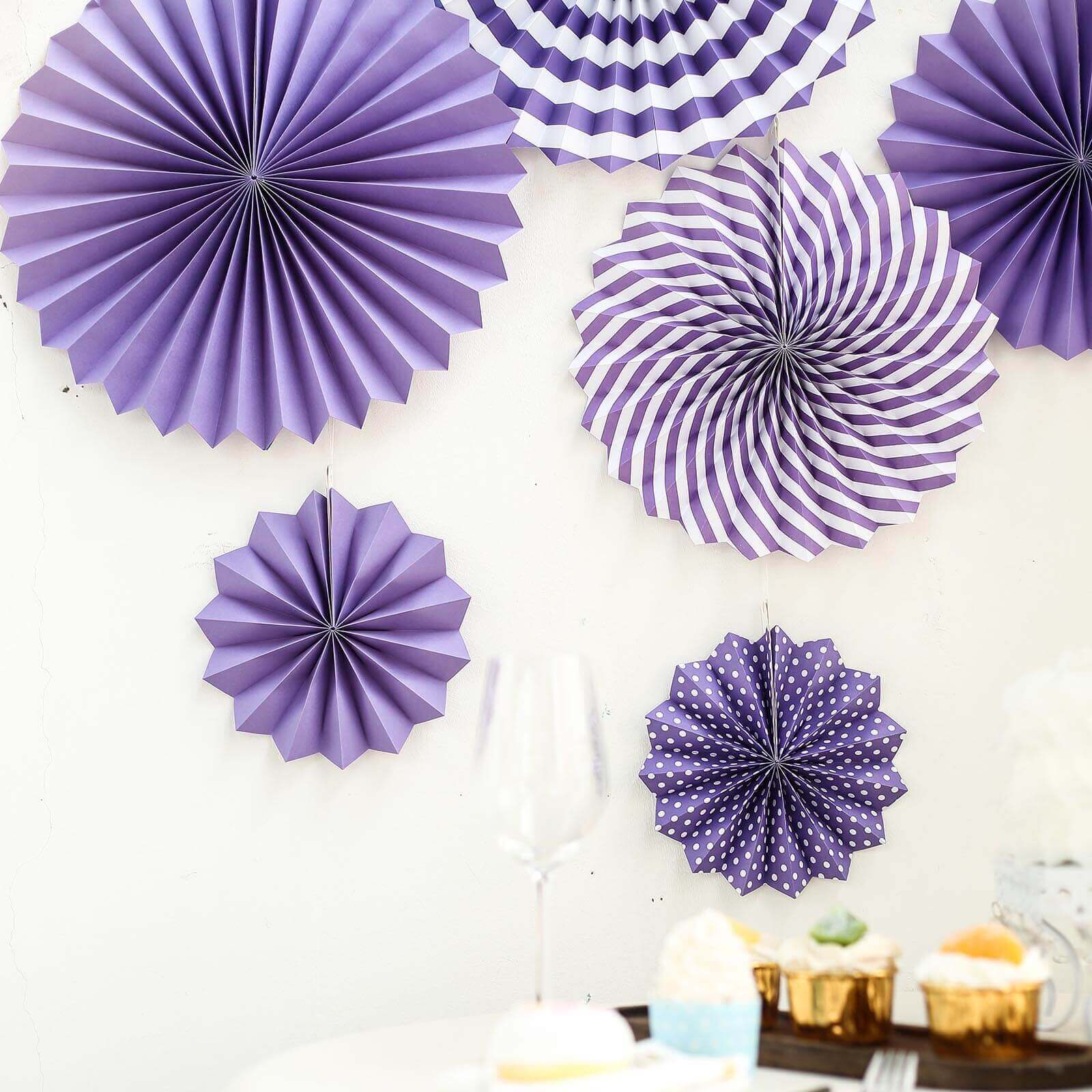 Set of 6 Purple Hanging Paper Fan Decorations, Pinwheel Wall Backdrop Party Kit - 8", 12", 16"