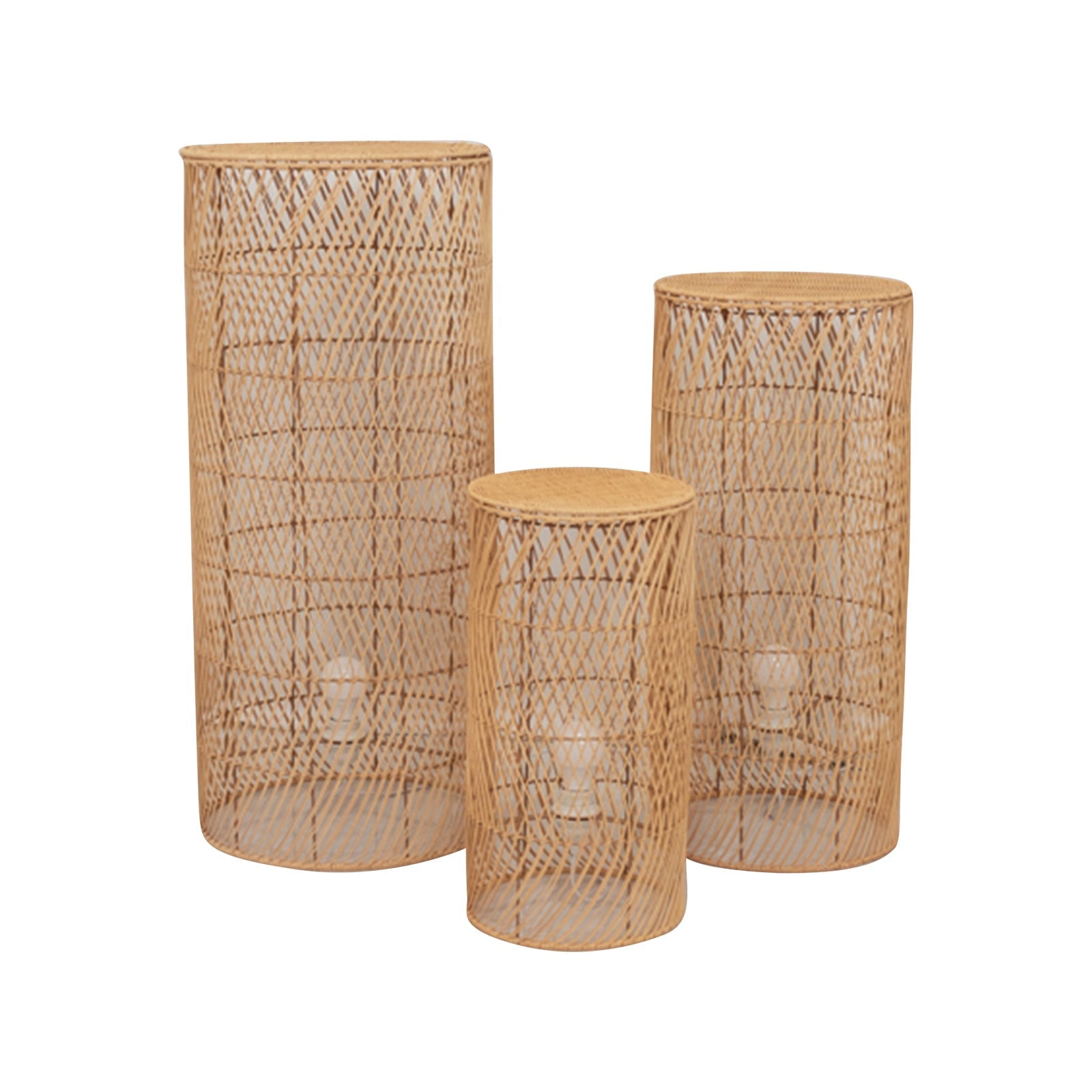 Set of 3 Natural Woven Rattan Wicker Pedestal Stand Floor Lamp Shades with Wave Pattern, Rustic Farmhouse Cylinder Display Stands With Plug In Light Cord - 19",27",33"