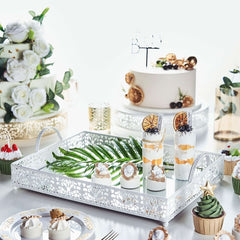 Metal Mirrored Rectangle Serving Tray 16"x12" in White Fleur De Lis Design with Handles, French Inspired Decorative Vanity Tray Centerpiece