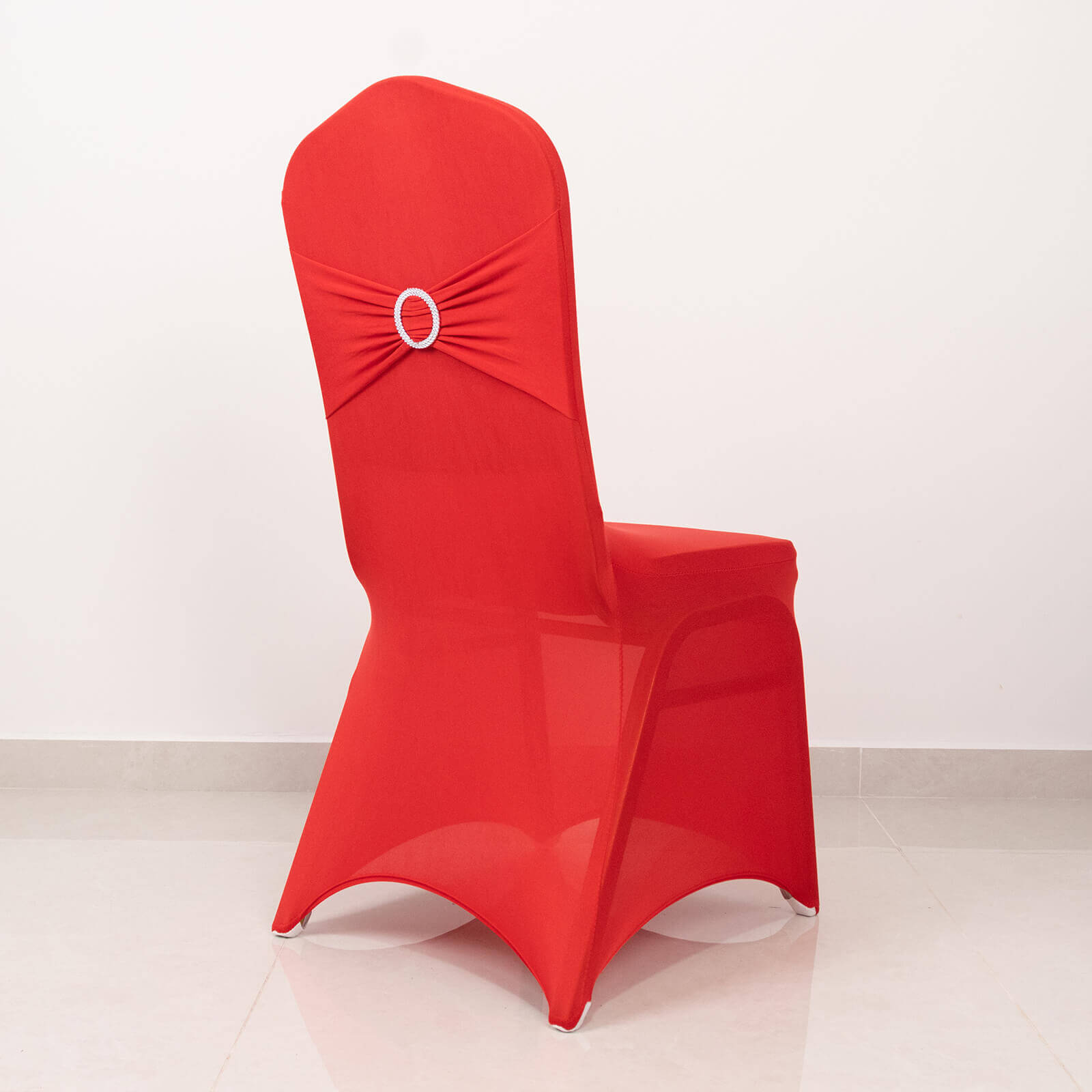 Spandex Chair Cover with Red Rhinestone Buckled Sash Band Blush - Stretch Fitted Slipcover