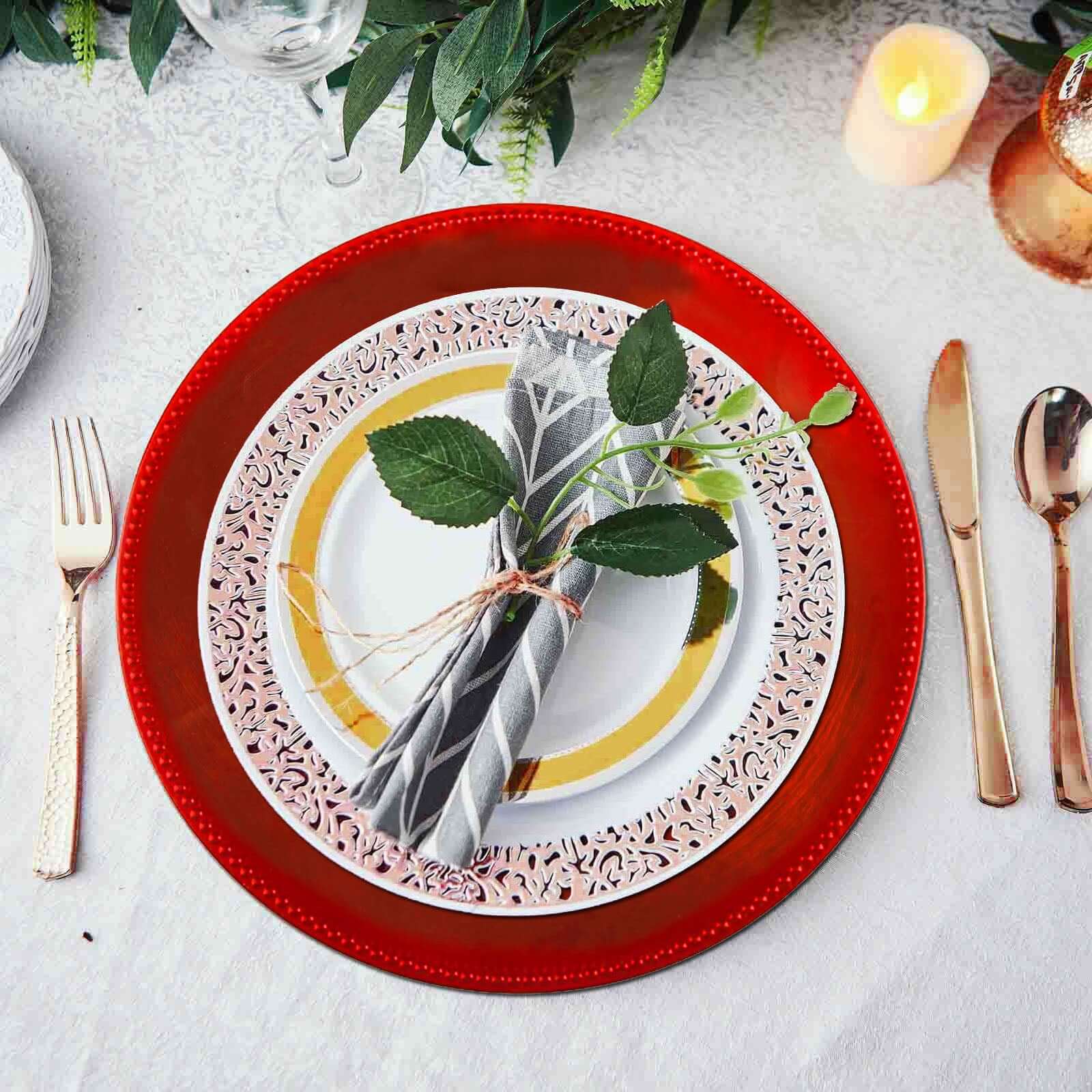 6-Pack Acrylic Round Charger Plates 13" in Red with Beaded Rim, Dinner Charger Event Tabletop Decor