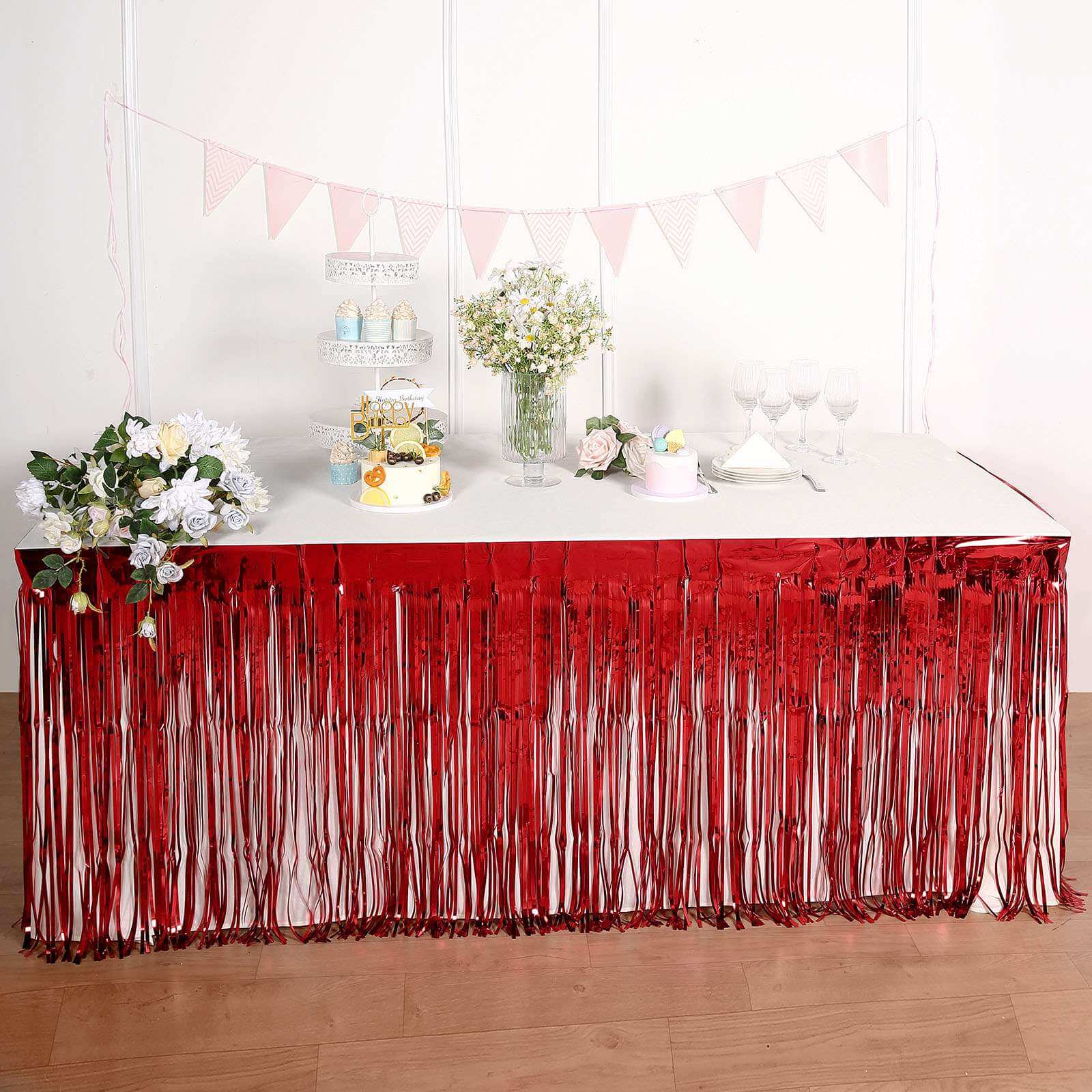 Metallic Foil Fringe Table Skirt Red with Self Adhesive Backing - Durable Tinsel Skirt for Parties 30"x9ft