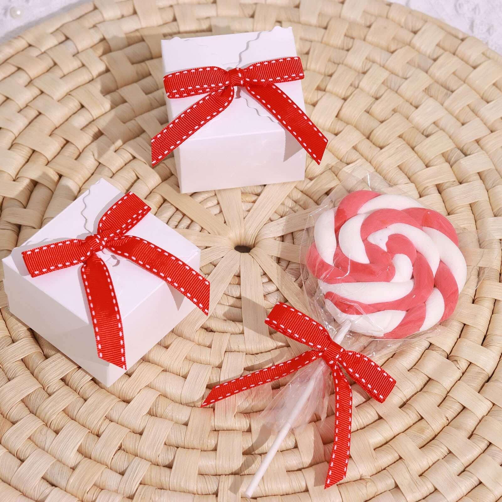 50 Pcs 3" Saddle Stitch Ribbon Bows With Twist Ties, Gift Basket Party Favor Bags Decor - Red White Polyester