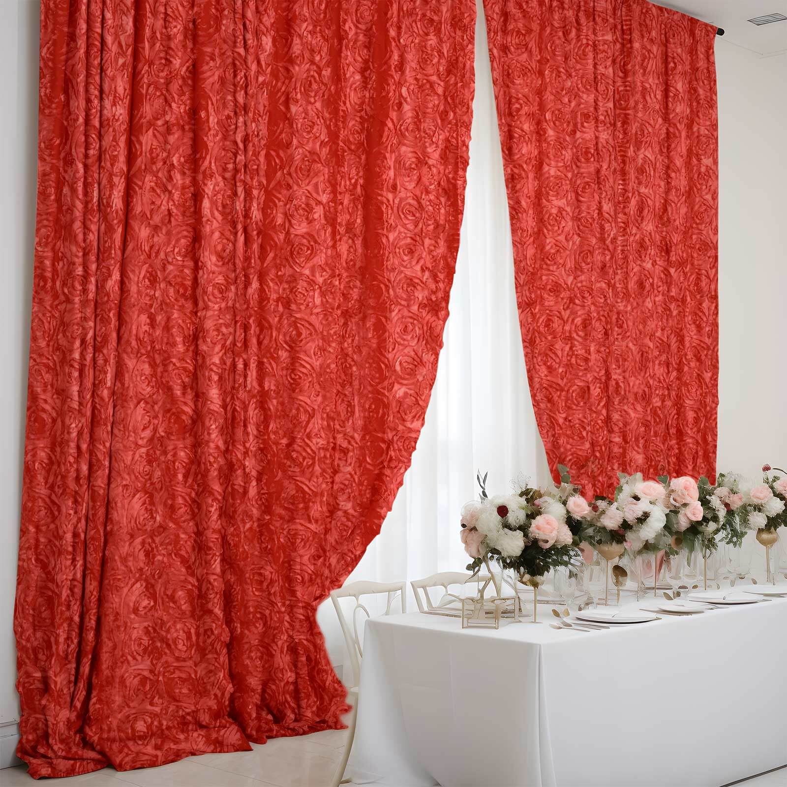 8ftx8ft Red Satin Rosette Event Curtain Drapes, Backdrop Event Panel