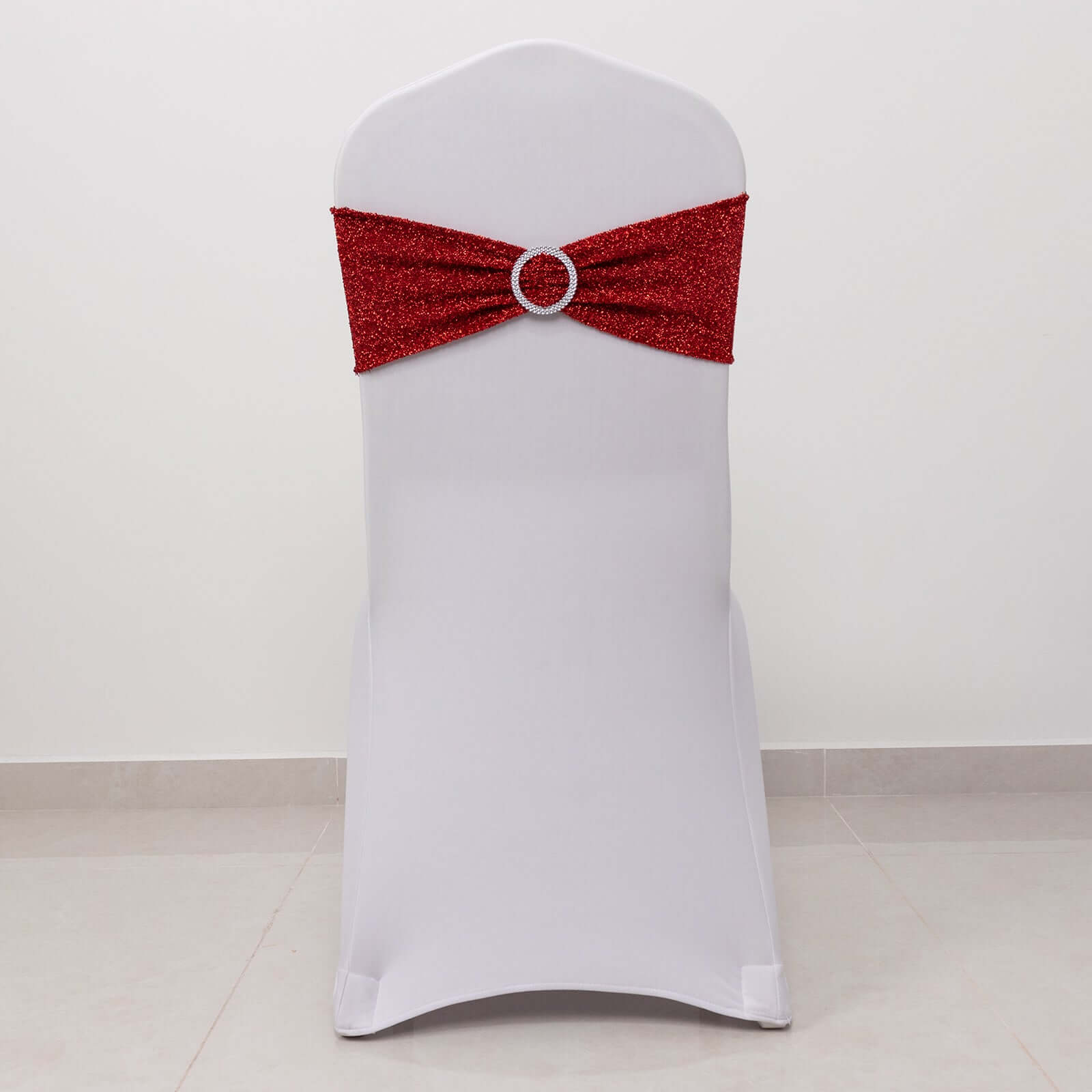 5 Pack Chair Sashes Shimmer Tinsel Spandex 5"x12" with Silver Rhinestone Buckles Red - Stylish Chair Bands