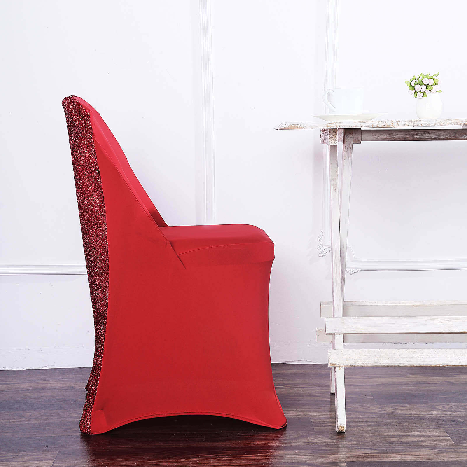 Stretch Spandex Chair Cover Red for Folding Chairs - Metallic Shimmer Tinsel Back Design Fitted Slipcover
