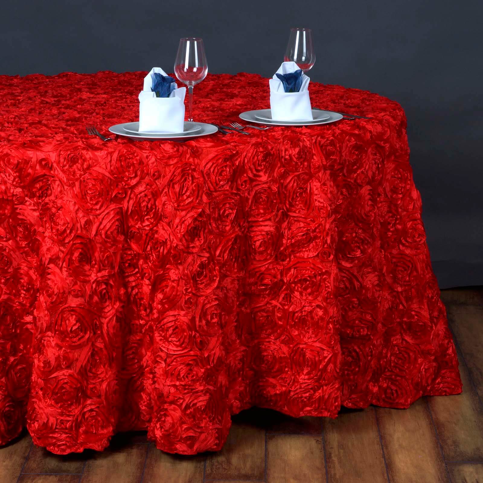 Satin 132" Round Tablecloth Red - Seamless Grandiose 3D Rosette Table Cover