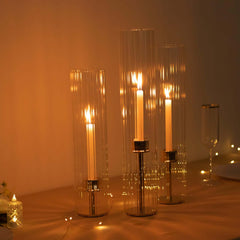Set of 3 Clear Ribbed Glass Hurricane Shades Open End Design - Stylish Candelabra Pillar Candle Holder Table Centerpiece 15", 17", 19"