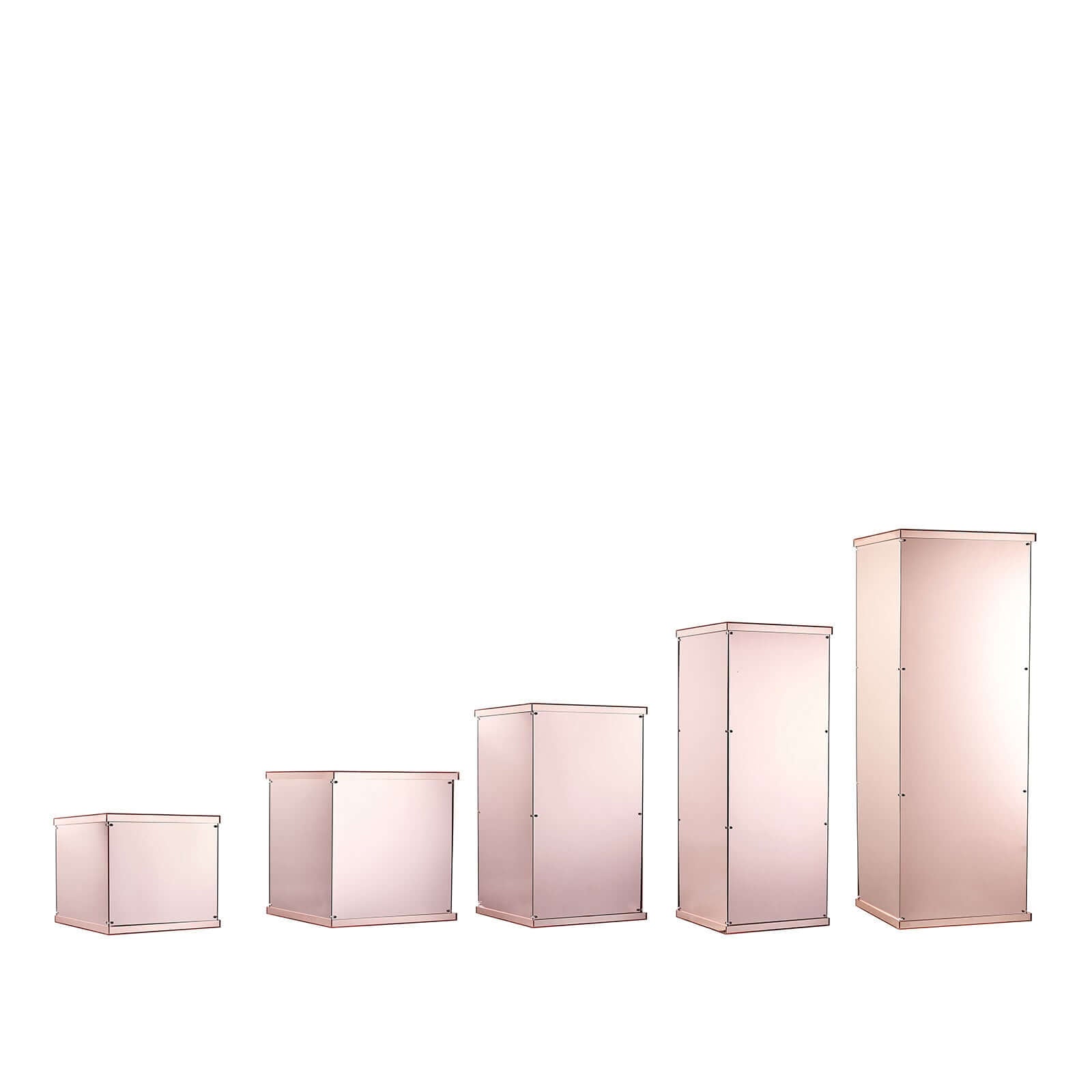 Set of 5 Rose Gold Mirror Finish Acrylic Display Boxes, Pedestal Risers with Interchangeable Lid and Base - 12",16",24",32",40"